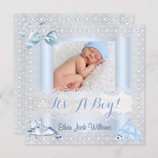 Geburtsankündigung Baby Boy Foto Schuhbär 4 Ankündigung (Vorne/Hinten)