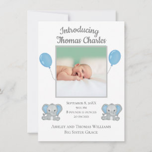 Geburtsankündigung Baby Junge Blaue Elefanten Luft