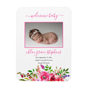 Geburtsankündigung - Boho Pink Floral Baby Girl Magnet