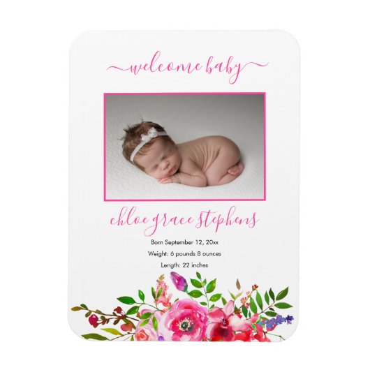Geburtsankündigung - Boho Pink Floral Baby Girl Magnet (Vertikal)
