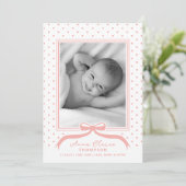 Geburtsankündigung Bow Polka Dot Feiertagskarte (Stehend Vorderseite)