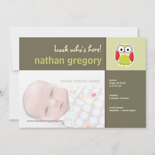 Geburtsankündigung der Eule Ankündigung (Vorderseite)