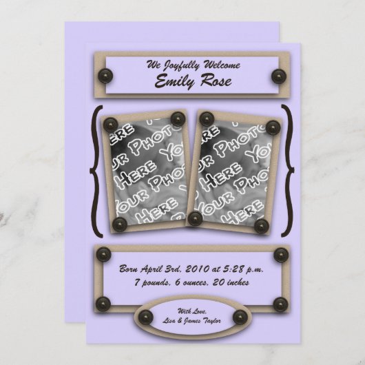 Geburtsankündigung der Lavendelknöpfe und -halteru Ankündigung (Vorne/Hinten)