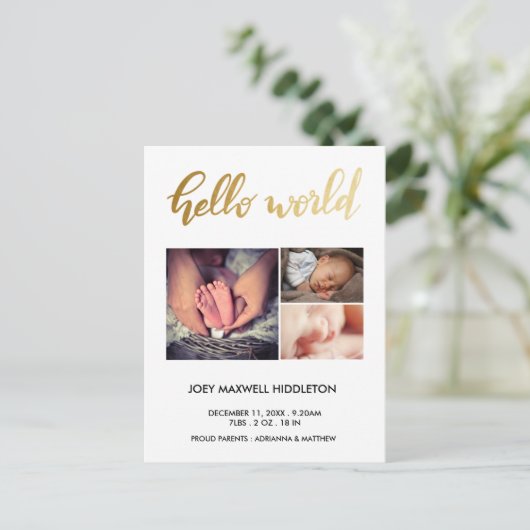 Geburtsankündigung Drei Fotos Hallo Welt Ankündigungspostkarte (Stehend Vorderseite)