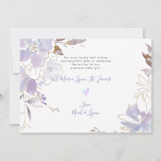 Geburtsankündigung Dusche Dank U Lila Sweet Pea Einladung (Rückseite)