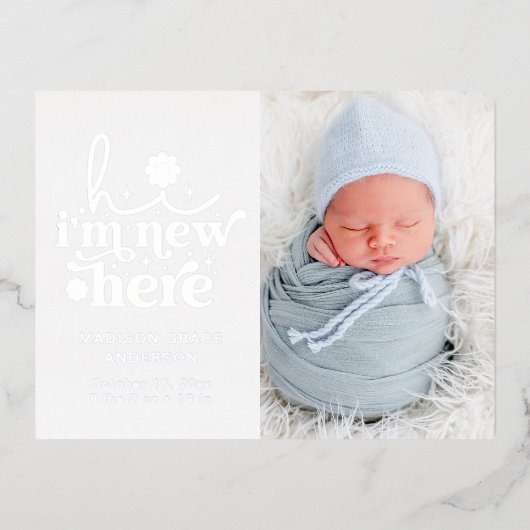 Geburtsankündigung Foto Collage | Ich bin neu hier Folie Einladungspostkarte (Vorderseite)