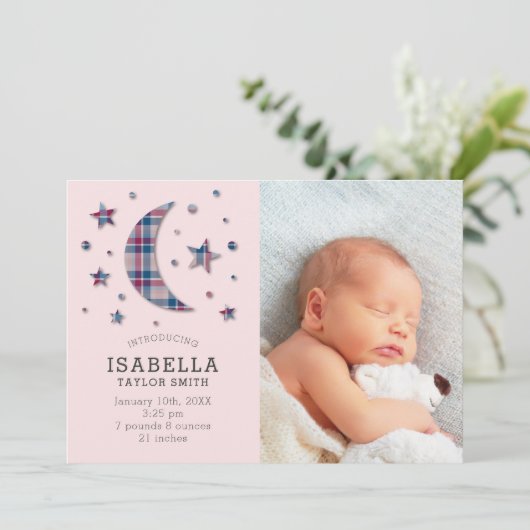 Geburtsankündigung Foto-Karte | Karierte Mondstern Ankündigung (Stehend Vorderseite)