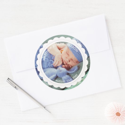 Geburtsankündigung Foto Personalisiert Runder Aufkleber (Umschlag)