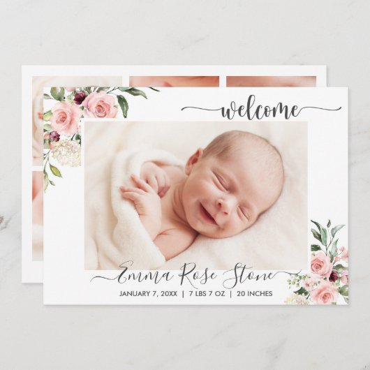 Geburtsankündigung Fotokarte Rosa Rosen Ankündigung (Vorne/Hinten)