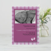 Geburtsankündigung für Baby-Steps - Lila Karierte Ankündigung (Stehend Vorderseite)