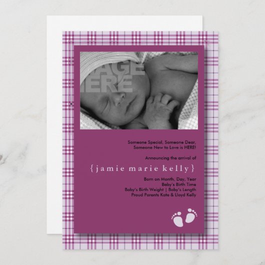 Geburtsankündigung für Baby-Steps - Lila Karierte Ankündigung (Vorne/Hinten)