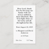 Geburtsankündigung Gebetskarte Telefonnummerkarte (Rückseite)