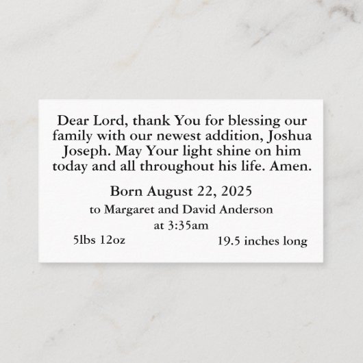 Geburtsankündigung Gebetskarte Telefonnummerkarte (Rückseite)