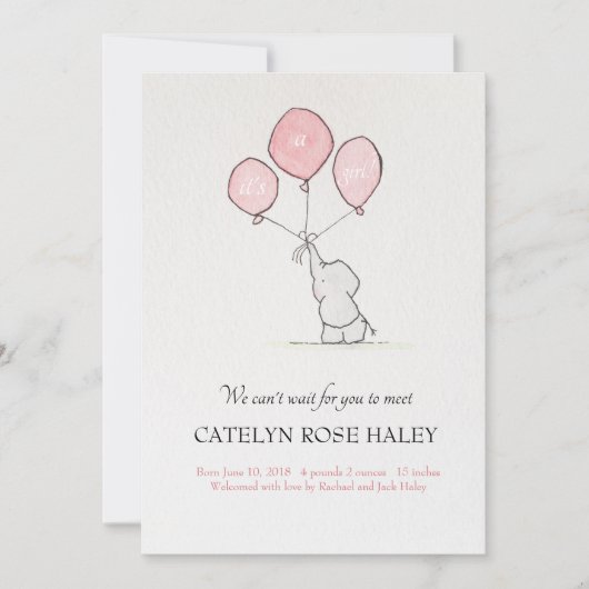 Geburtsankündigung Girl Elephant Balloons Ankündigung (Vorderseite)
