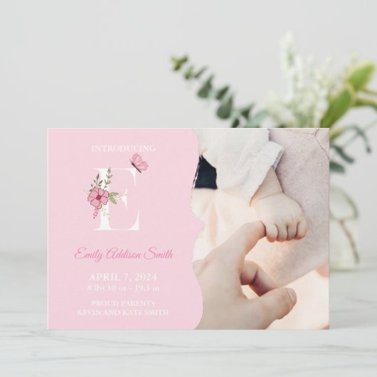 Geburtsankündigung Girl Initial E Einladung (Stehend Vorderseite)