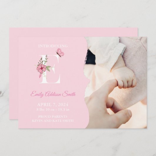 Geburtsankündigung Girl Initial E Einladung (Vorne/Hinten)