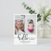 Geburtsankündigung Hallo World Script Foto Ankündigungspostkarte (Stehend Vorderseite)