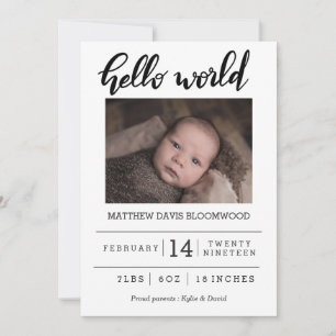 Geburtsankündigung Hello World Handwriting Foto Ankündigung