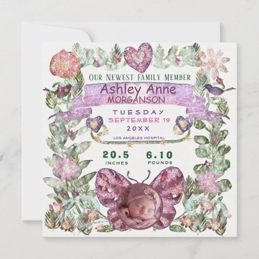 Geburtsankündigung Hübscher Wasserfarbenschmetterl Ankündigung (Vorderseite)