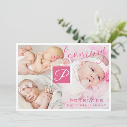 Geburtsankündigung - Mehrere Fotos Rosa und Weiß Ankündigung (Stehend Vorderseite)