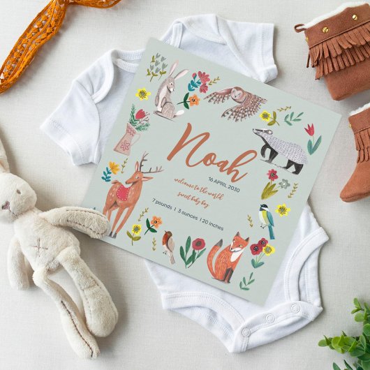 Geburtsankündigung niedlicher Waldtiere im Grünen Dankeskarte