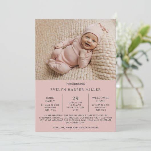 Geburtsankündigung Preemie NICU Modern Pink Card Ankündigung (Stehend Vorderseite)