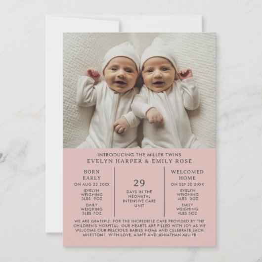 Geburtsankündigung Preemie Twins NICU Pink Card Ankündigung (Vorderseite)