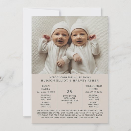Geburtsankündigung Preemie Twins NICU Taupe Card Ankündigung (Vorderseite)