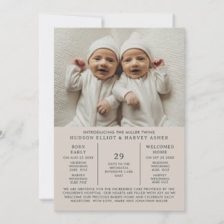 Geburtsankündigung Preemie Twins NICU Taupe Card Ankündigung