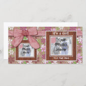 Geburtsankündigung, rosa Rahmen und Bow-Fotokarte Ankündigung (Vorne/Hinten)