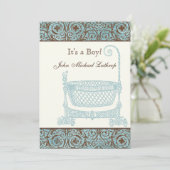 Geburtsankündigung von Baby - Blue Brown Damask Cr Ankündigung (Stehend Vorderseite)