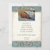 Geburtsankündigung von Baby - Blue Brown Damask Cr Ankündigung (Rückseite)
