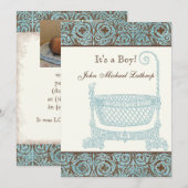 Geburtsankündigung von Baby - Blue Brown Damask Cr Ankündigung (Vorne/Hinten)