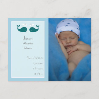 Geburtsankündigung von Baby Boy Postcard mit Walen Ankündigungspostkarte