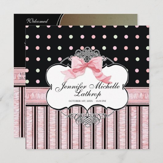 Geburtsankündigung von Baby - French Bow Dot Swirl Ankündigung (Vorne/Hinten)