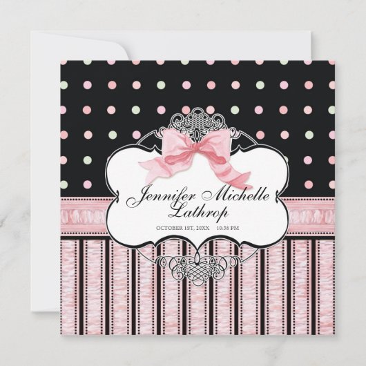 Geburtsankündigung von Baby - French Bow Dot Swirl Ankündigung (Vorderseite)