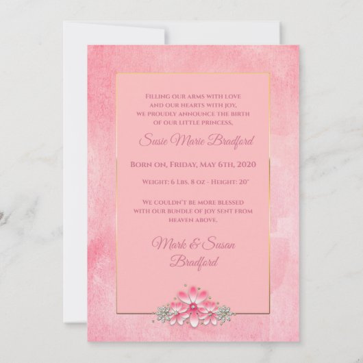 Geburtsankündigung von Baby Girl, Rosa, Foto/Name Einladung (Rückseite)