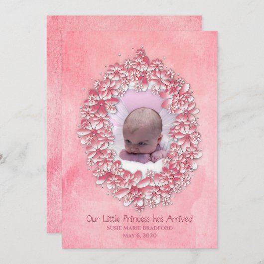 Geburtsankündigung von Baby Girl, Rosa, Foto/Name Einladung (Vorne/Hinten)