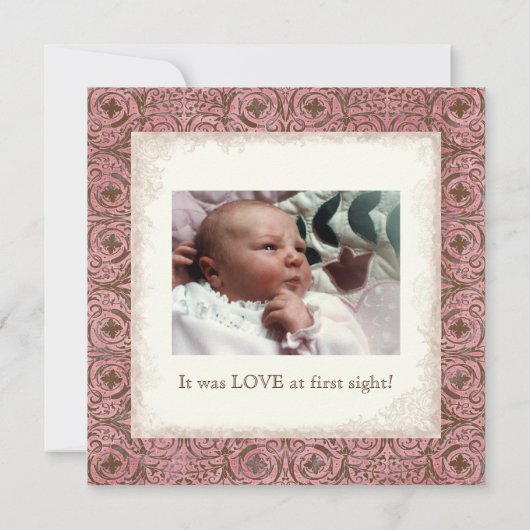 Geburtsankündigung von Baby - Pink Brown Damask Cr Ankündigung (Rückseite)