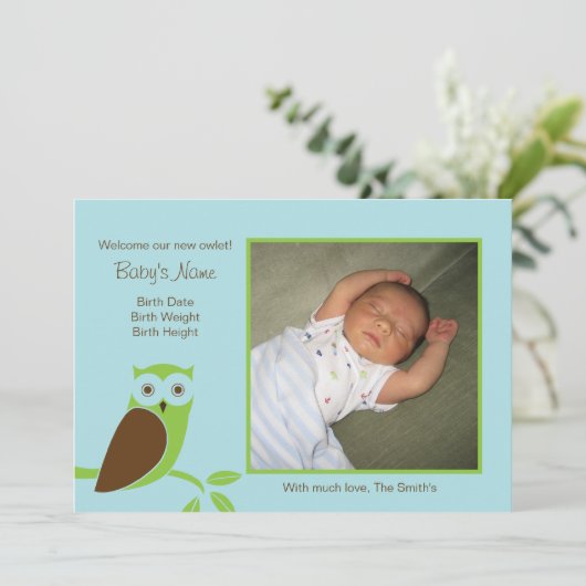 Geburtsankündigung von Owlet Tree - Blau & Grün Ankündigung (Stehend Vorderseite)