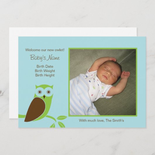 Geburtsankündigung von Owlet Tree - Blau & Grün Ankündigung (Vorne/Hinten)