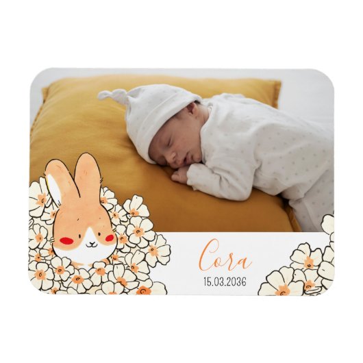 Geburtsanzeige Magnet Hase und Blumen (Horizontal)