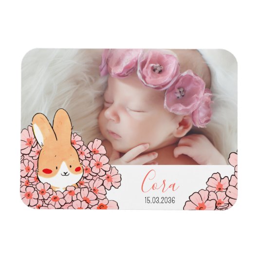 Geburtsanzeige Magnet Hase und Blumen (Horizontal)