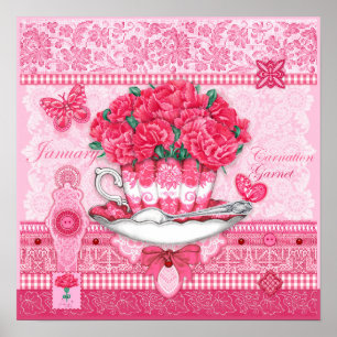 Geburtsblume und Edelstein Januar Teetassenposter Poster
