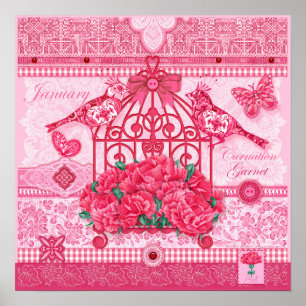 Geburtsblume und Edelstein Januar-Vogelkäfigposter Poster