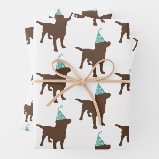 Geburtsdatum Labrador Schokolade Hund in Party Hut Geschenkpapier Set (Beispiel)
