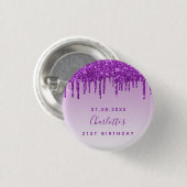Geburtsdatum lila Glitzer Tropfen Name Button (Vorne & Hinten)