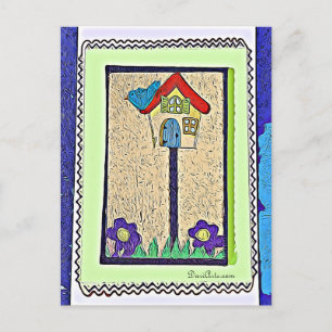 Geburtshaus, Vogel und Blume Cartoon Postkarte