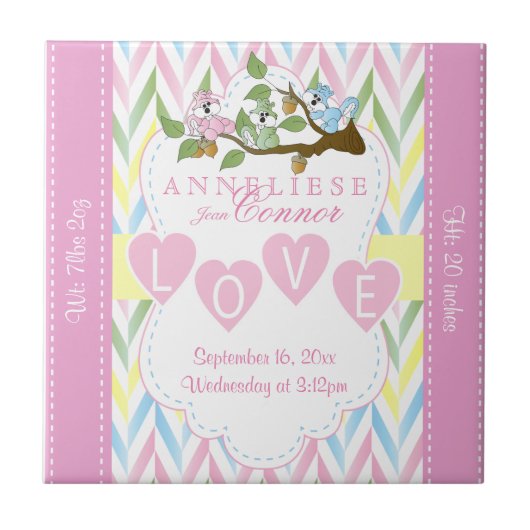 Geburtsinformation - Pastel Baby Eichhörnchen Fliese (Vorderseite)