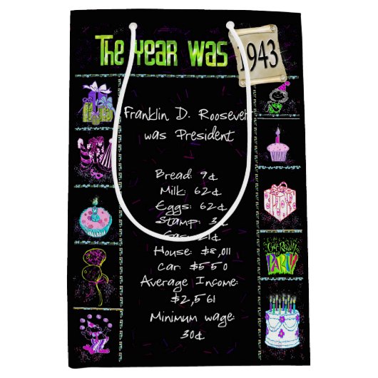 Geburtsjahr 1943 Fun Trivia auf schwarz Mittlere Geschenktüte (Vorderseite)